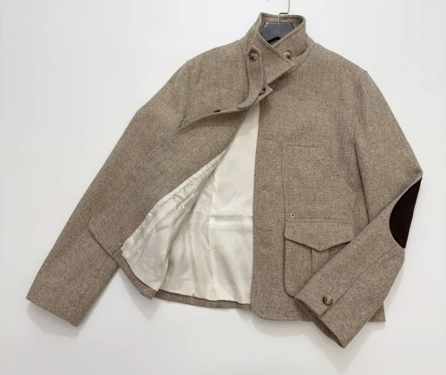 Khaki heathered stand-collar workwear jacket with retro multiple pockets, relaxed wool short jacket in Khaki, product view 16