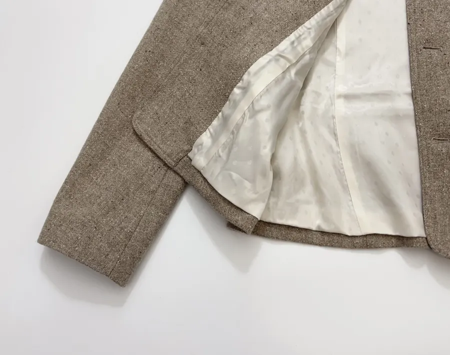 Khaki heathered stand-collar workwear jacket with retro multiple pockets, relaxed wool short jacket in Khaki, product view 17