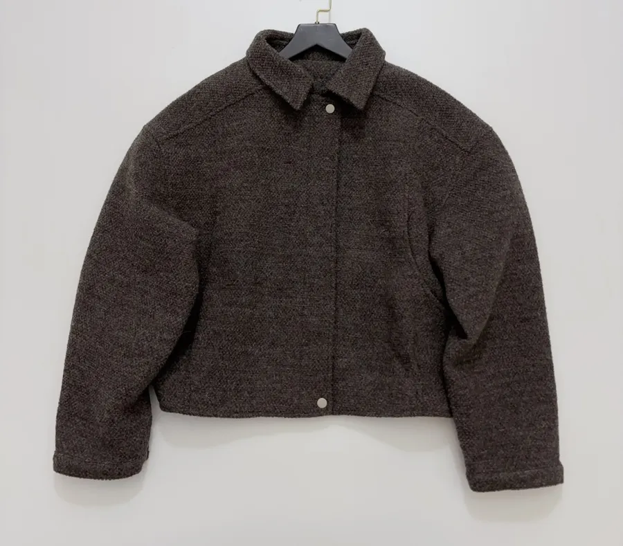 Dark brown notch-collar short wool blend coat with heathered texture, relaxed fit jacket for petite frames in As Shown, product view 01