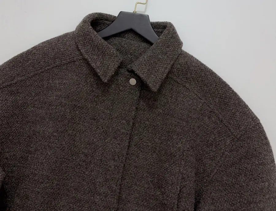 Dark brown notch-collar short wool blend coat with heathered texture, relaxed fit jacket for petite frames in As Shown, product view 02