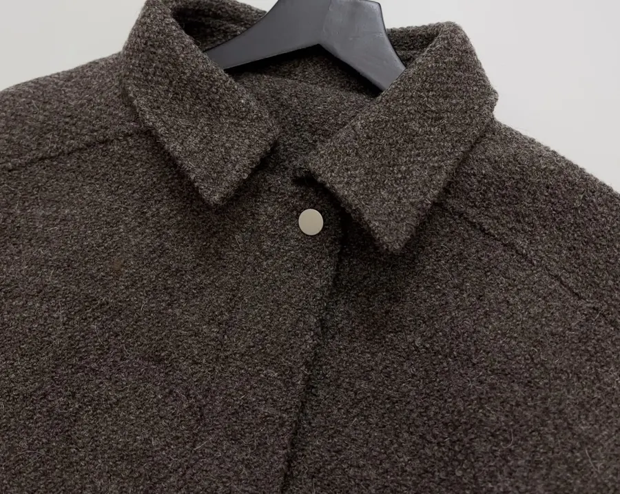 Dark brown notch-collar short wool blend coat with heathered texture, relaxed fit jacket for petite frames in As Shown, product view 03