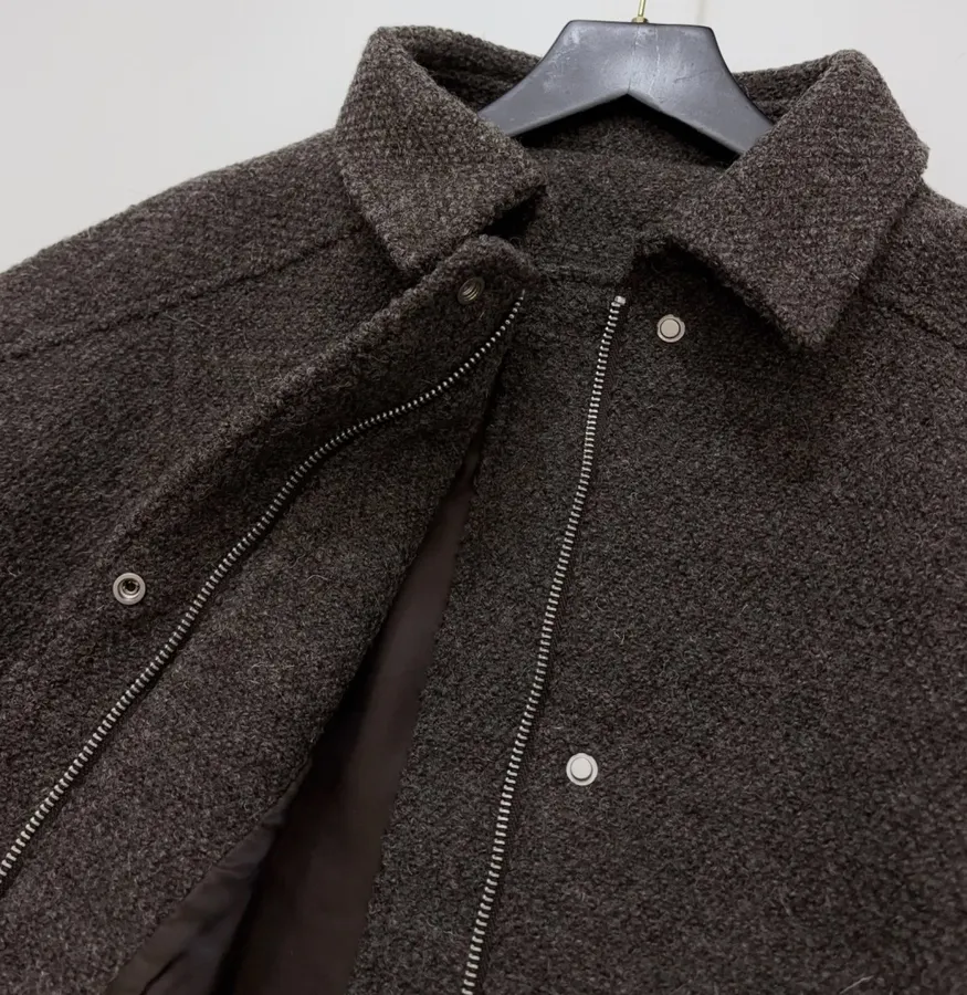 Dark brown notch-collar short wool blend coat with heathered texture, relaxed fit jacket for petite frames in As Shown, product view 06