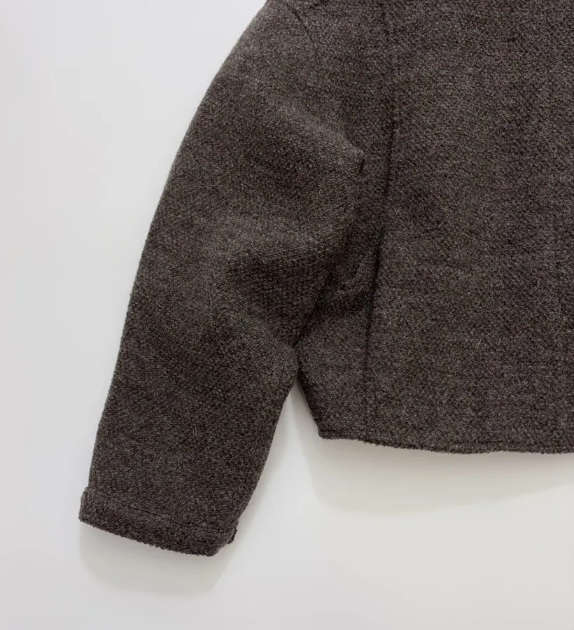 Dark brown notch-collar short wool blend coat with heathered texture, relaxed fit jacket for petite frames in As Shown, product view 12
