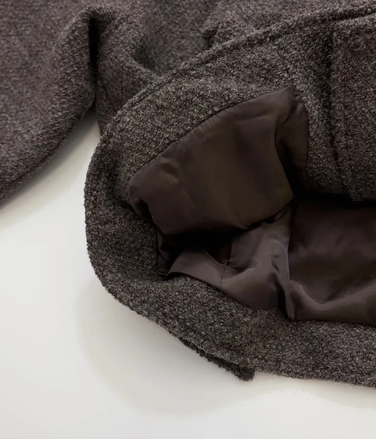 Dark brown notch-collar short wool blend coat with heathered texture, relaxed fit jacket for petite frames in As Shown, product view 14