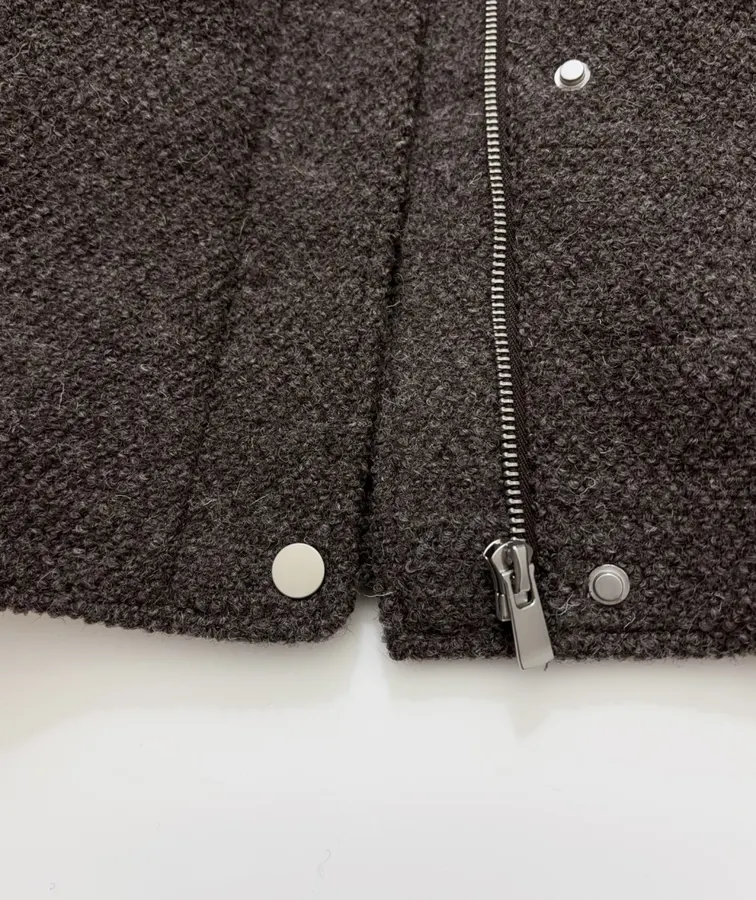 Dark brown notch-collar short wool blend coat with heathered texture, relaxed fit jacket for petite frames in As Shown, product view 15