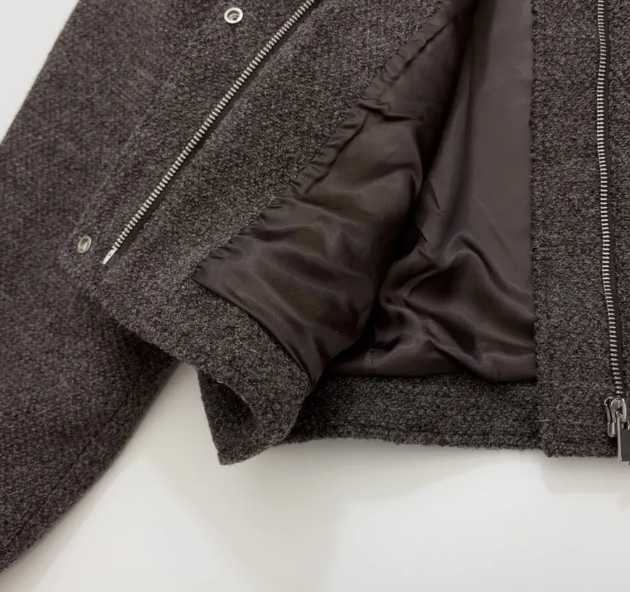 Dark brown notch-collar short wool blend coat with heathered texture, relaxed fit jacket for petite frames in As Shown, product view 16