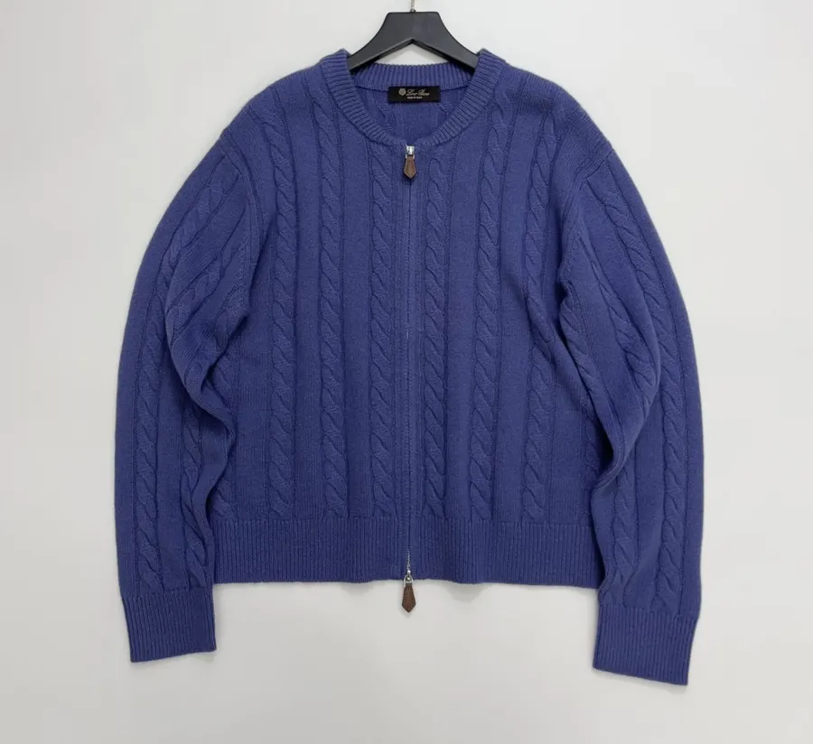 Loro Piana Retro Houndstooth Solid Cardigan, Relaxed Short Zip-Up Knit in As Shown, product view 01