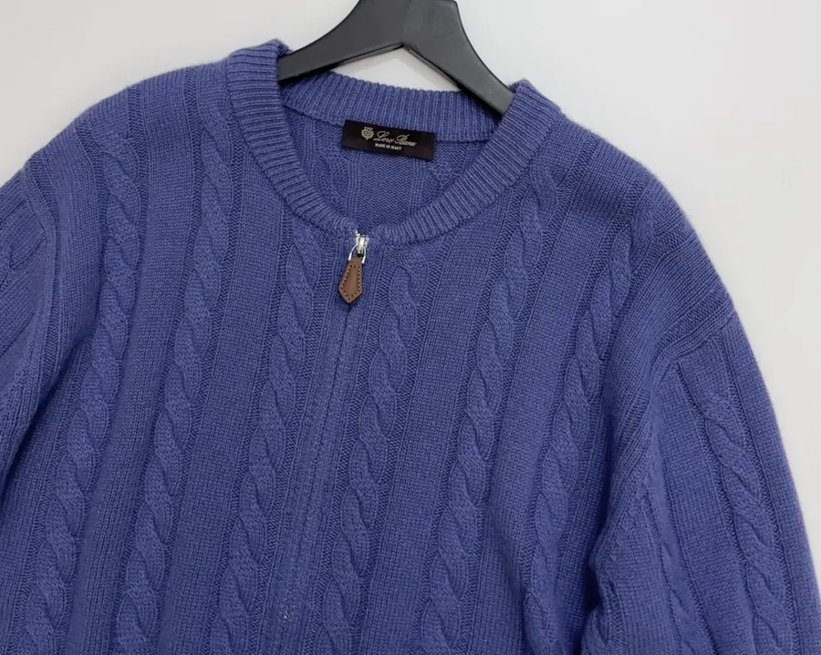 Loro Piana Retro Houndstooth Solid Cardigan, Relaxed Short Zip-Up Knit in As Shown, product view 02