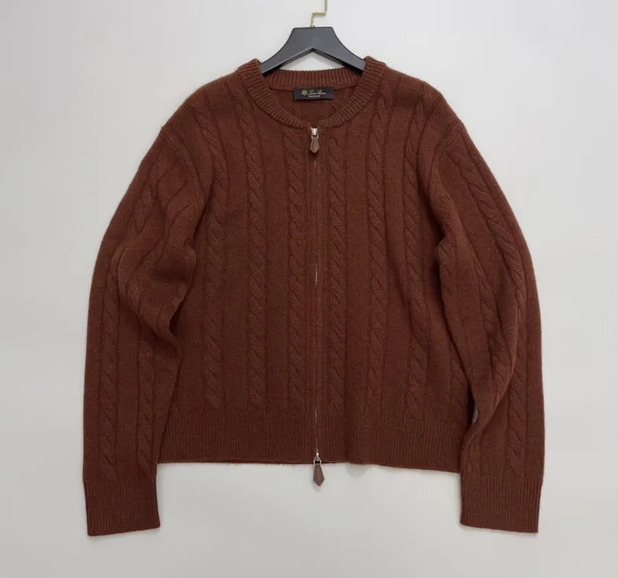Loro Piana Retro Houndstooth Solid Cardigan, Relaxed Short Zip-Up Knit in As Shown, product view 01