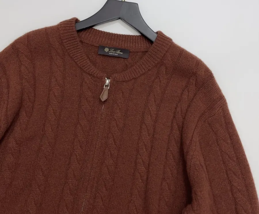 Loro Piana Retro Houndstooth Solid Cardigan, Relaxed Short Zip-Up Knit in As Shown, product view 02