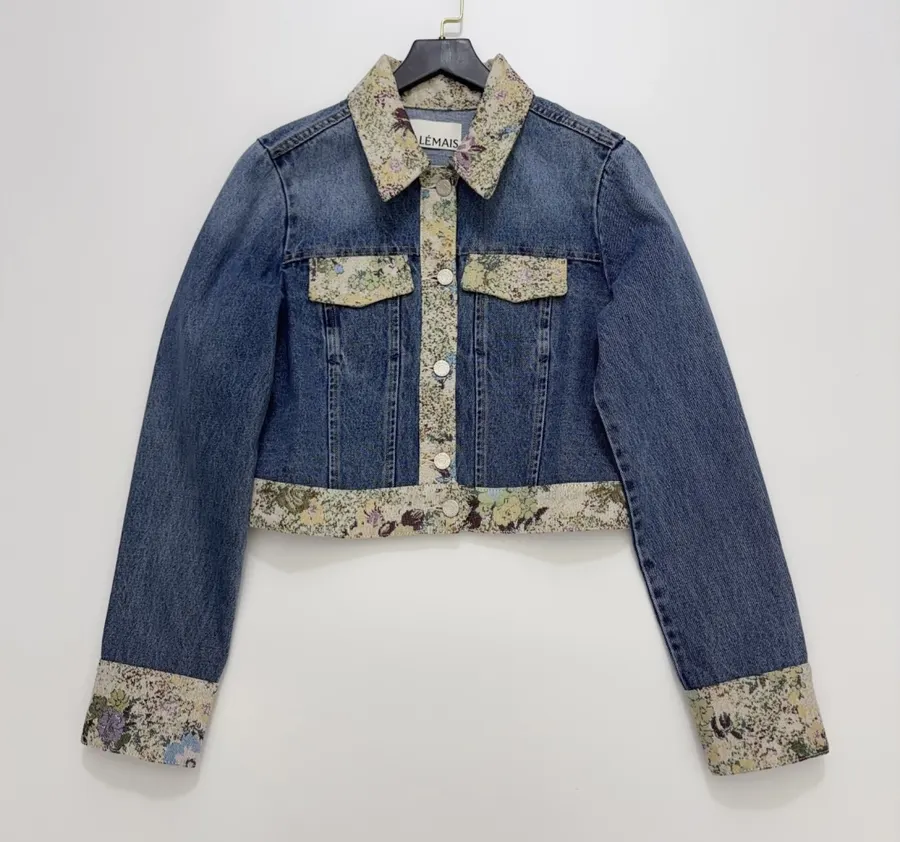 ALEMAIS Blue Floral-Trim Cropped Denim Jacket in Denim Blue, product view