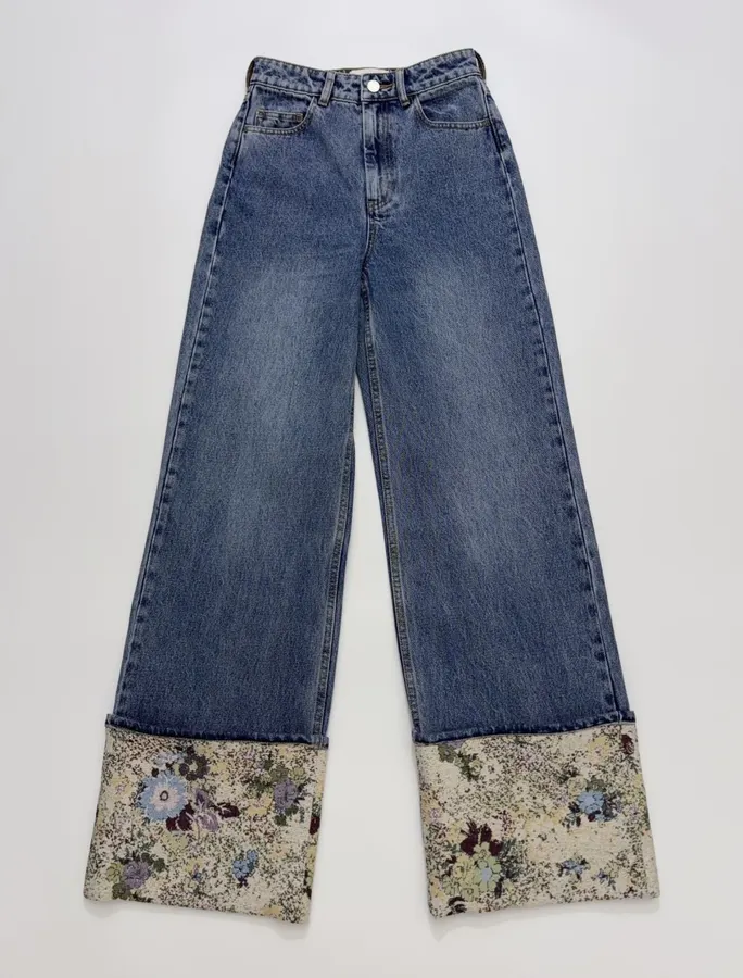 ALEMAIS Blue Floral-Cuff Wide-Leg Jeans in Denim Blue, product view