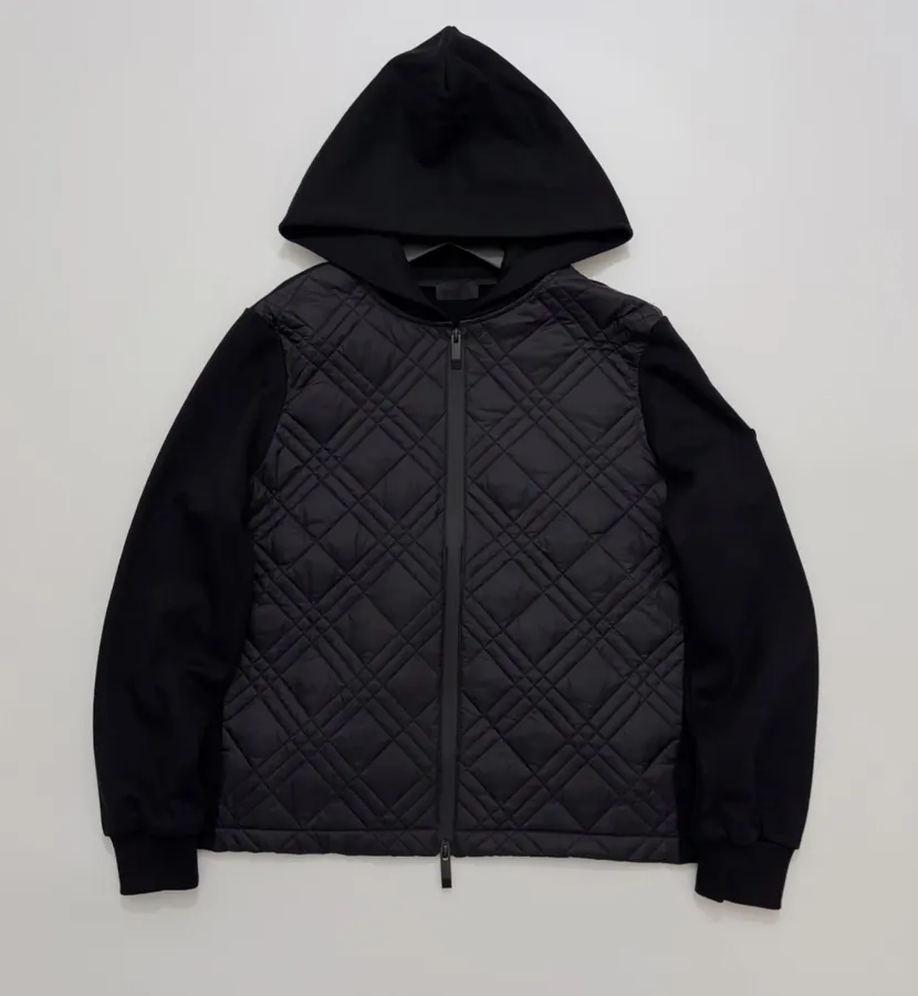 Black Hooded Quilted Jacket with Contrast Diamond-Pattern Panels | Hooded Casual Short Jacket with Sweatshirt Sleeves in Black, product view 01