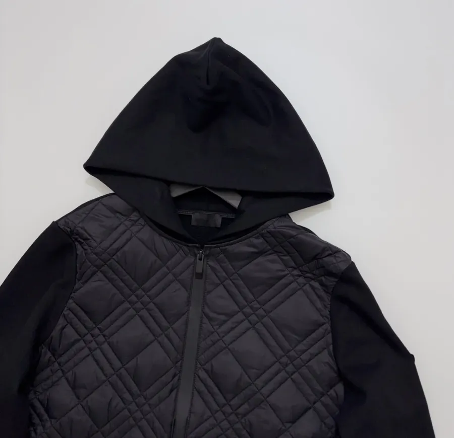 Black Hooded Quilted Jacket with Contrast Diamond-Pattern Panels | Hooded Casual Short Jacket with Sweatshirt Sleeves in Black, product view 02