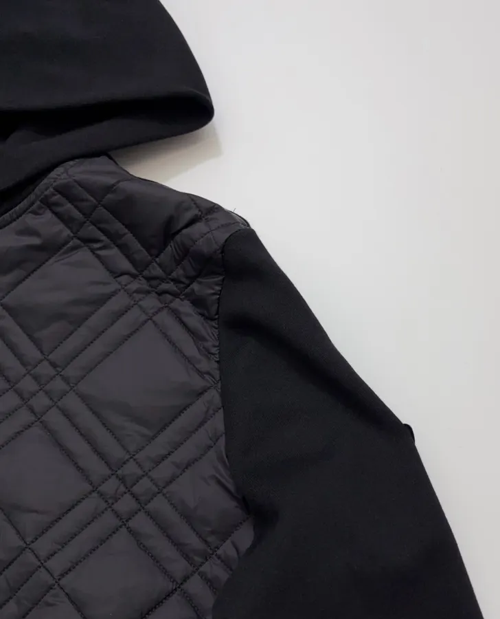 Black Hooded Quilted Jacket with Contrast Diamond-Pattern Panels | Hooded Casual Short Jacket with Sweatshirt Sleeves in Black, product view 03