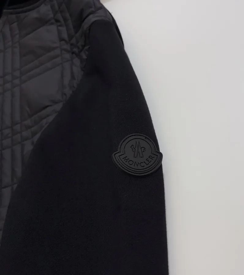Black Hooded Quilted Jacket with Contrast Diamond-Pattern Panels | Hooded Casual Short Jacket with Sweatshirt Sleeves in Black, product view 05