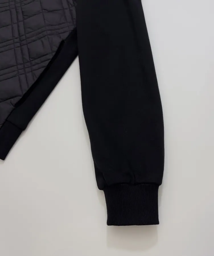 Black Hooded Quilted Jacket with Contrast Diamond-Pattern Panels | Hooded Casual Short Jacket with Sweatshirt Sleeves in Black, product view 06