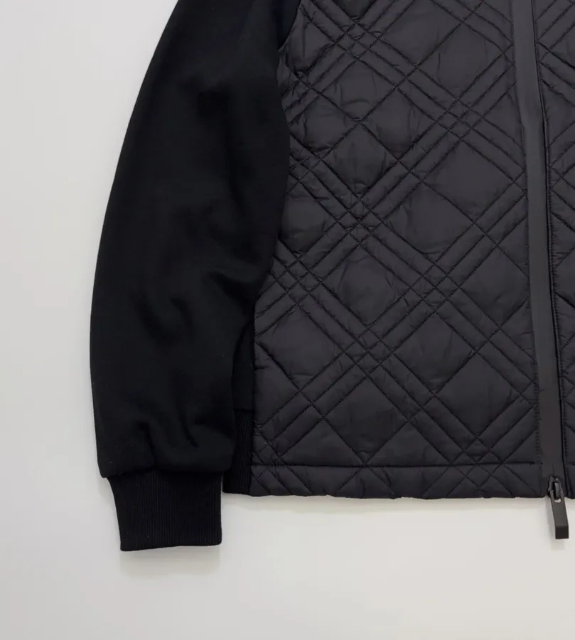 Black Hooded Quilted Jacket with Contrast Diamond-Pattern Panels | Hooded Casual Short Jacket with Sweatshirt Sleeves in Black, product view 07