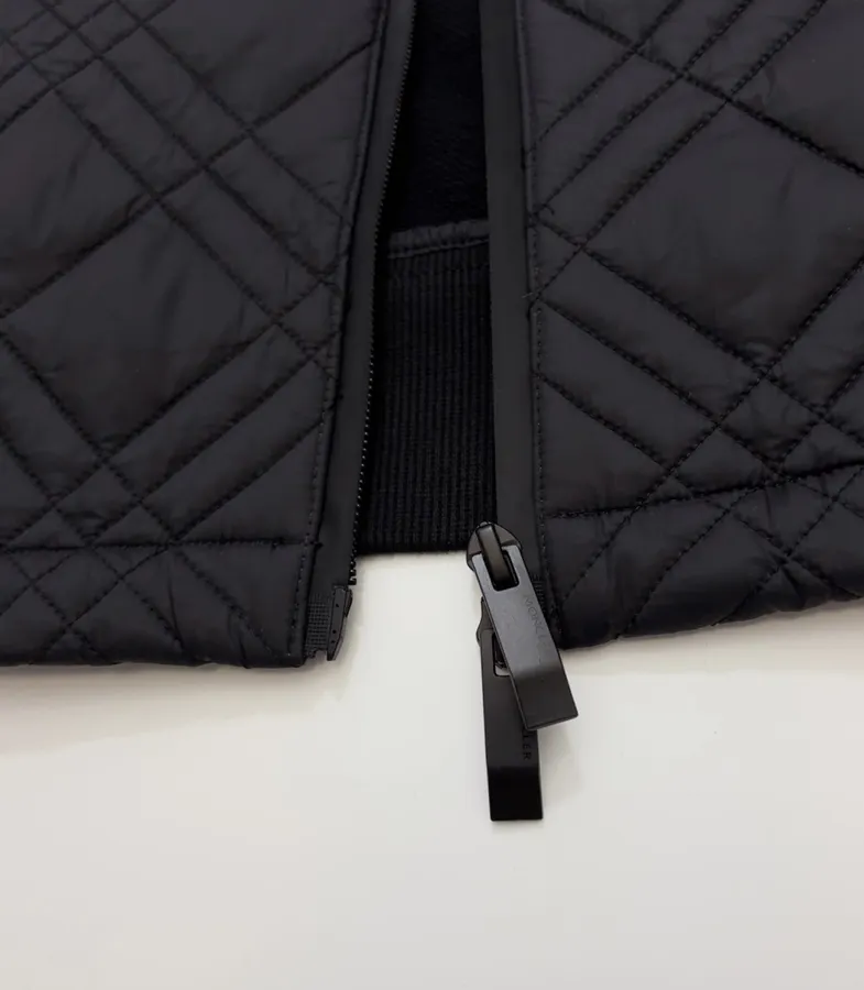 Black Hooded Quilted Jacket with Contrast Diamond-Pattern Panels | Hooded Casual Short Jacket with Sweatshirt Sleeves in Black, product view 08