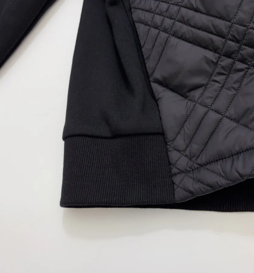 Black Hooded Quilted Jacket with Contrast Diamond-Pattern Panels | Hooded Casual Short Jacket with Sweatshirt Sleeves in Black, product view 09