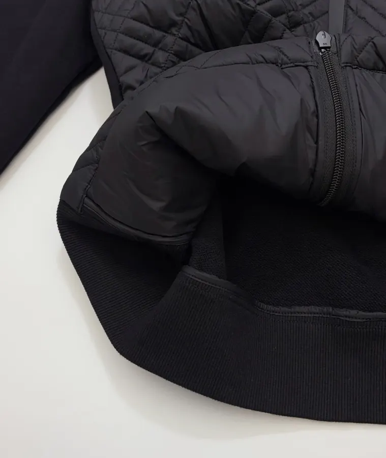 Black Hooded Quilted Jacket with Contrast Diamond-Pattern Panels | Hooded Casual Short Jacket with Sweatshirt Sleeves in Black, product view 10
