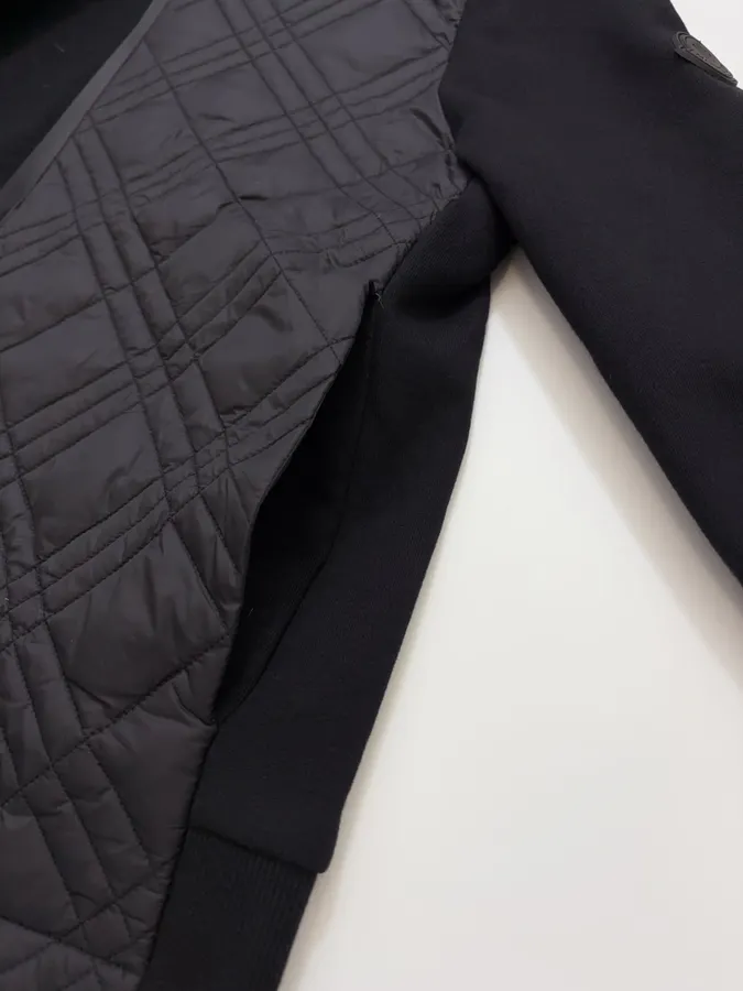 Black Hooded Quilted Jacket with Contrast Diamond-Pattern Panels | Hooded Casual Short Jacket with Sweatshirt Sleeves in Black, product view 11