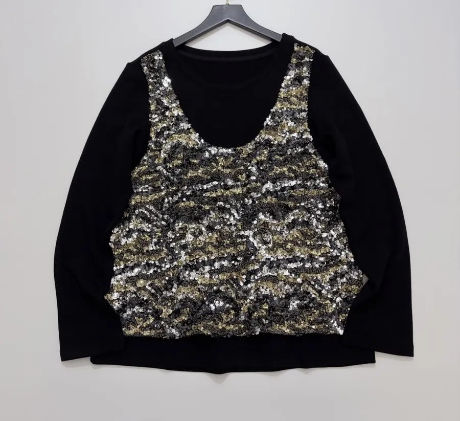 Black-and-gold sequin faux-two-piece long-sleeve top in Black, product view 01