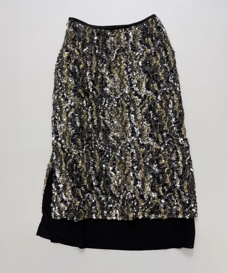 Black Gold Heavy-Duty Sequin Skirt – Fake Two-Piece Split High-Waist Straight Mid-Length Evening Skirt in As Shown, product view